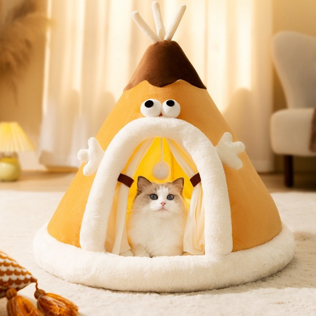 Cat Tent Bed with Heated Cave Design Enclosed Fleece Cushion and Hanging Toy Window - Image 1