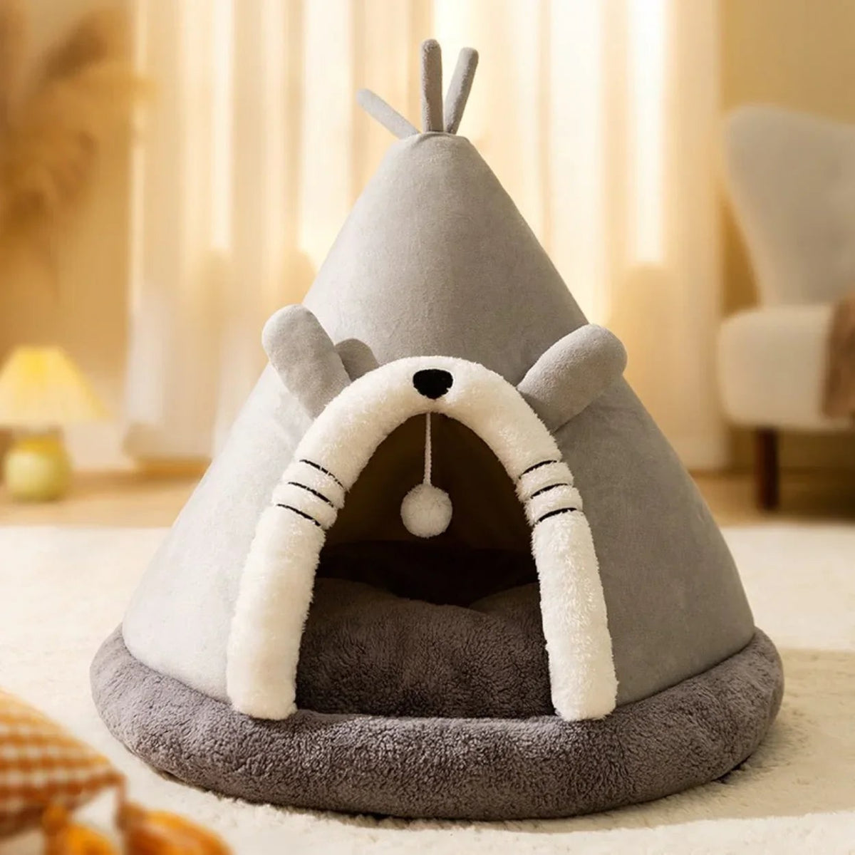Cat Tent Bed with Heated Cave Design Enclosed Fleece Cushion and Hanging Toy Window - Image 6