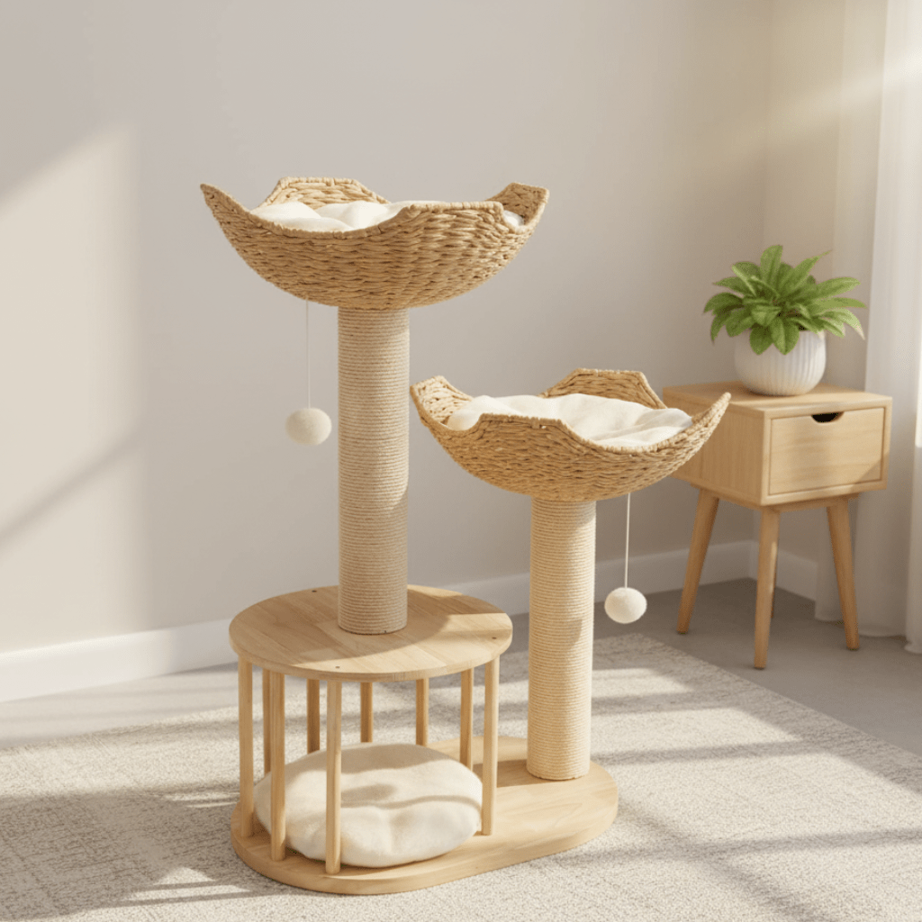 Cat Tree with Scratching Post and Condo Tower Wooden Multi-Level with Woven Baskets Modern - Image 1