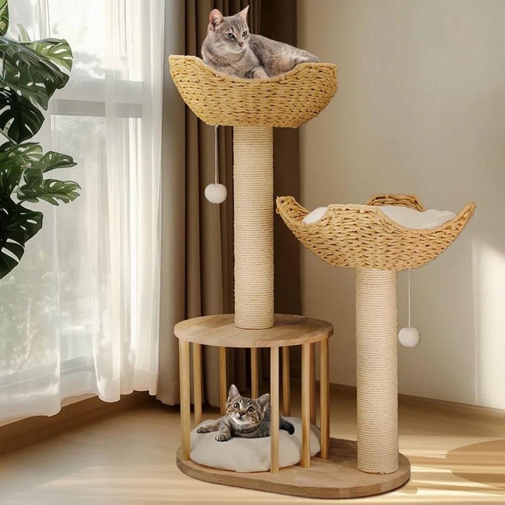 Cat Tree with Scratching Post and Condo Tower Wooden Multi-Level with Woven Baskets Modern - Image 2