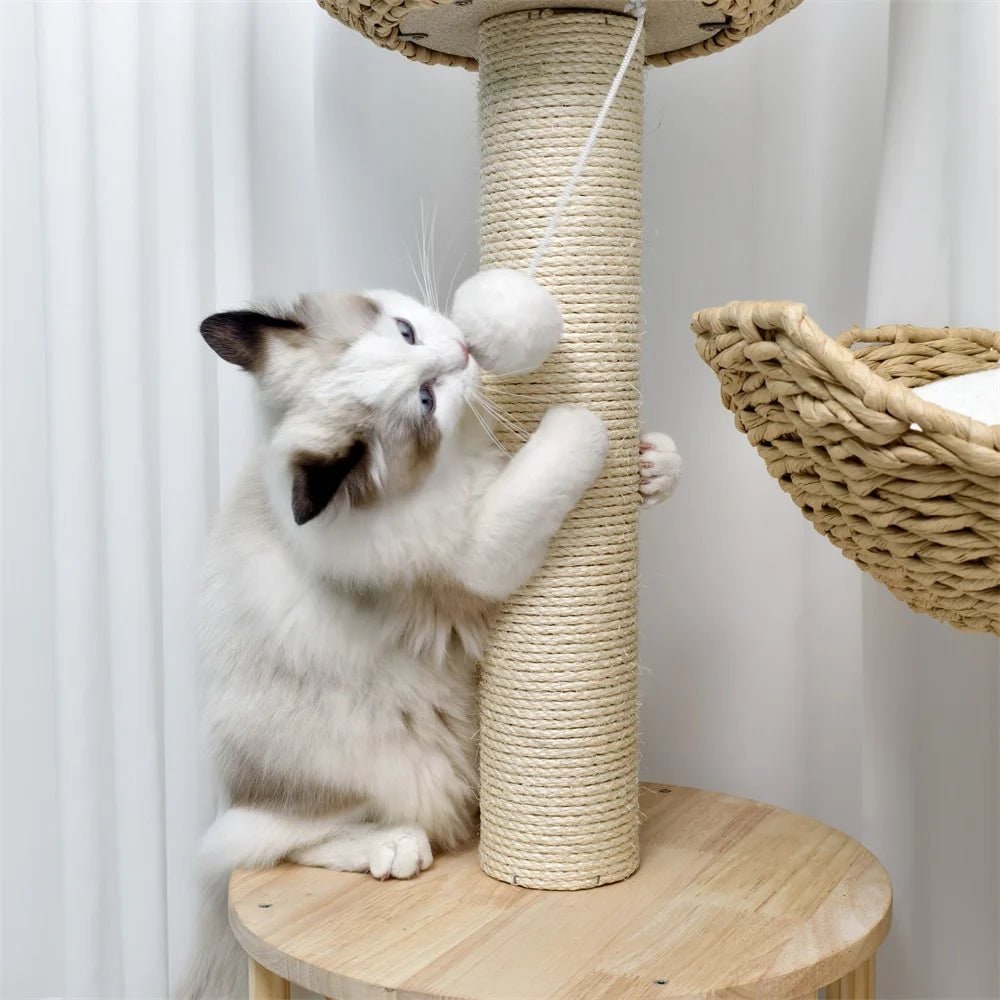 Cat Tree with Scratching Post and Condo Tower Wooden Multi-Level with Woven Baskets Modern - Image 5