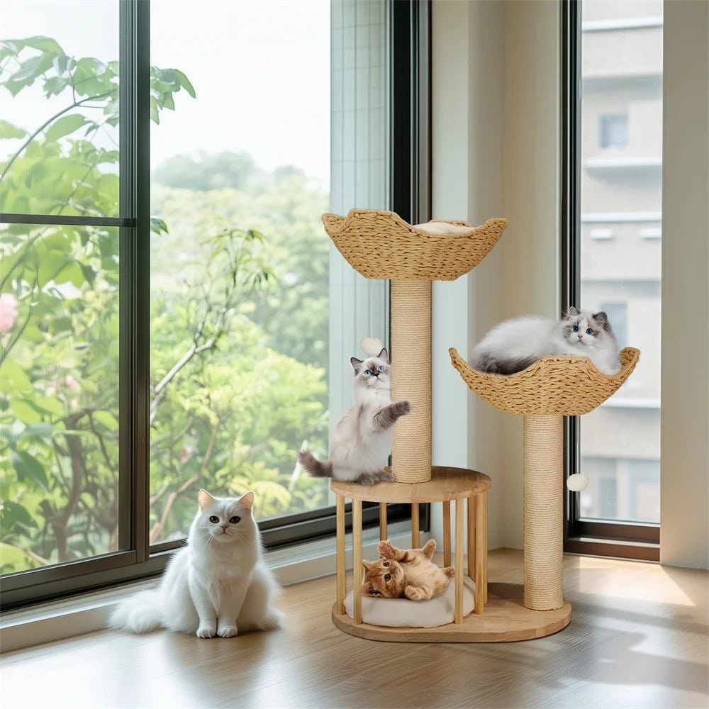 Cat Tree with Scratching Post and Condo Tower Wooden Multi-Level with Woven Baskets Modern - Image 6
