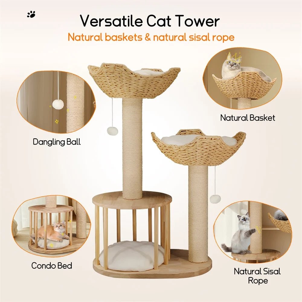Cat Tree with Scratching Post and Condo Tower Wooden Multi-Level with Woven Baskets Modern - Image 7
