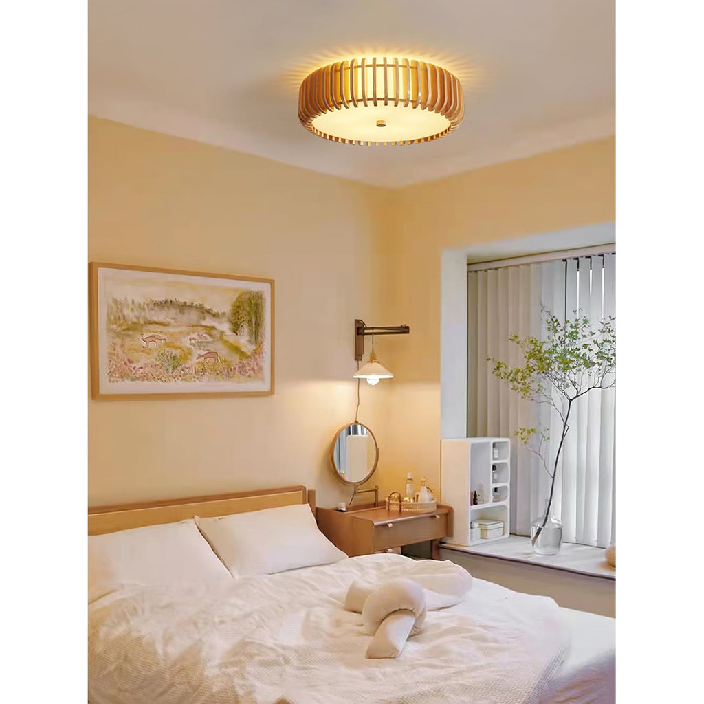 Ceiling Light Flush Mount Wooden Drum LED Home - Image 12