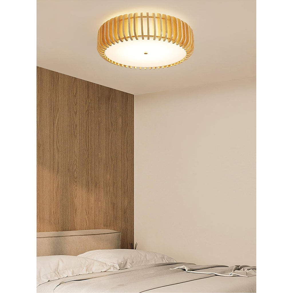 Ceiling Light Flush Mount Wooden Drum LED Home - Image 13