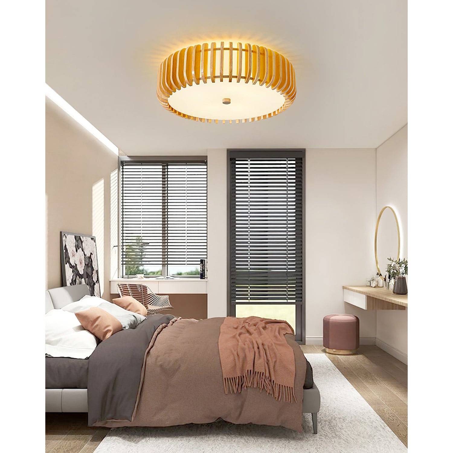 Ceiling Light Flush Mount Wooden Drum LED Home - Image 14