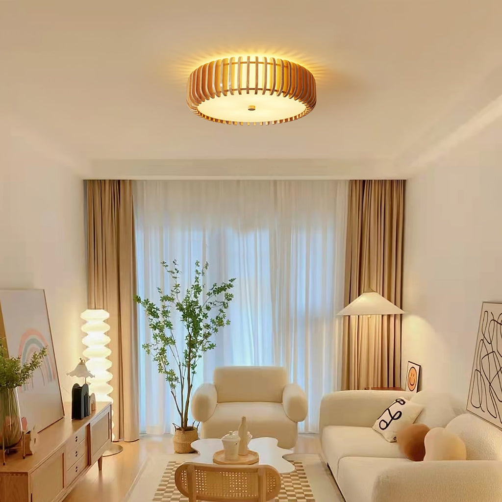 Ceiling Light Flush Mount Wooden Drum LED Home - Image 15