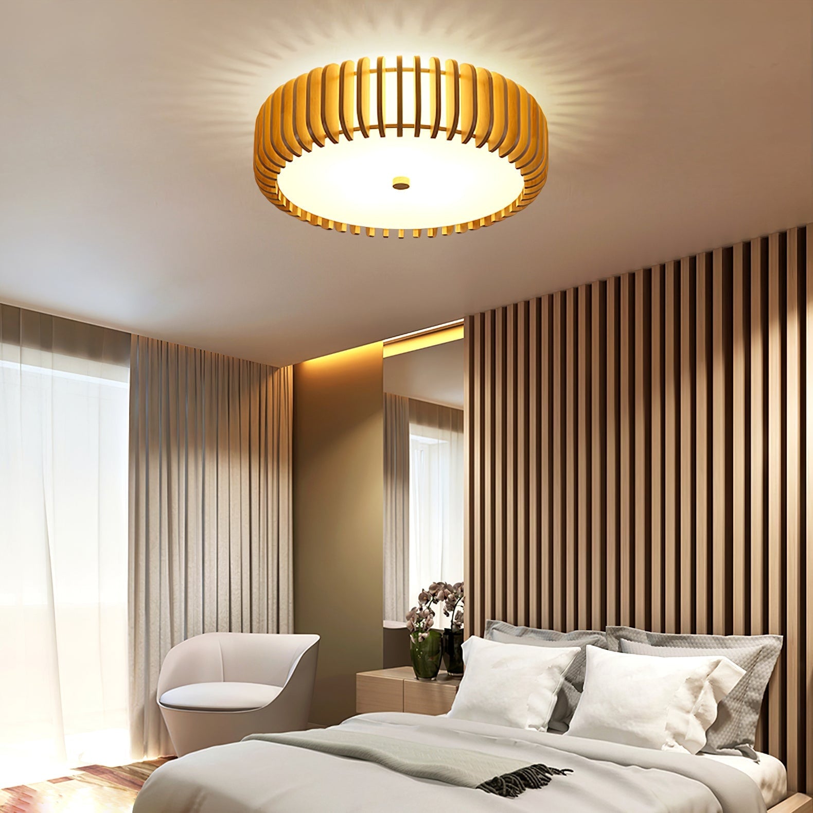 Ceiling Light Flush Mount Wooden Drum LED Home - Image 16