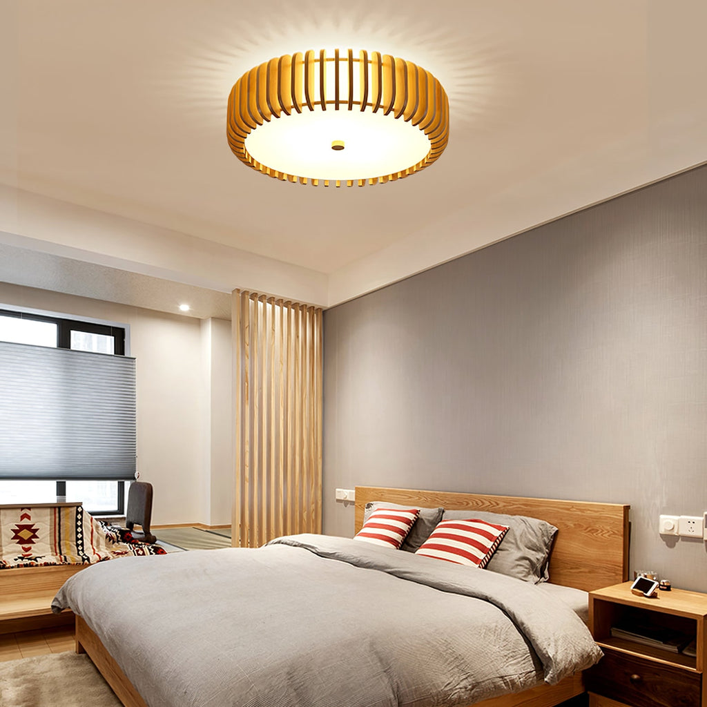 Ceiling Light Flush Mount Wooden Drum LED Home - Image 17