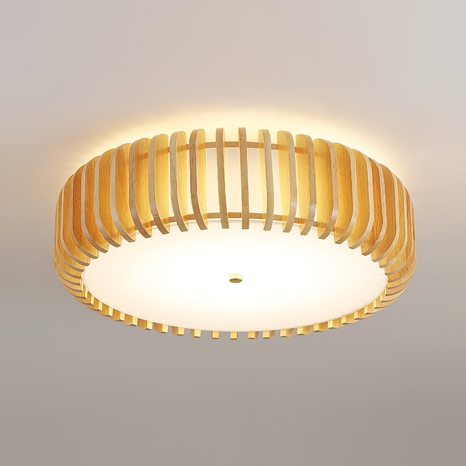Ceiling Light Flush Mount Wooden Drum LED Home - Image 2