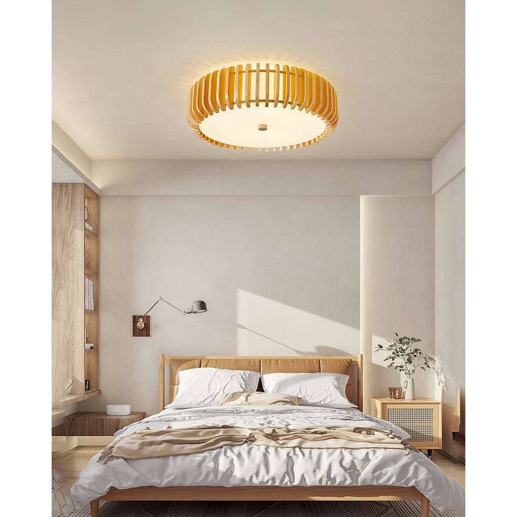 Ceiling Light Flush Mount Wooden Drum LED Home - Image 3