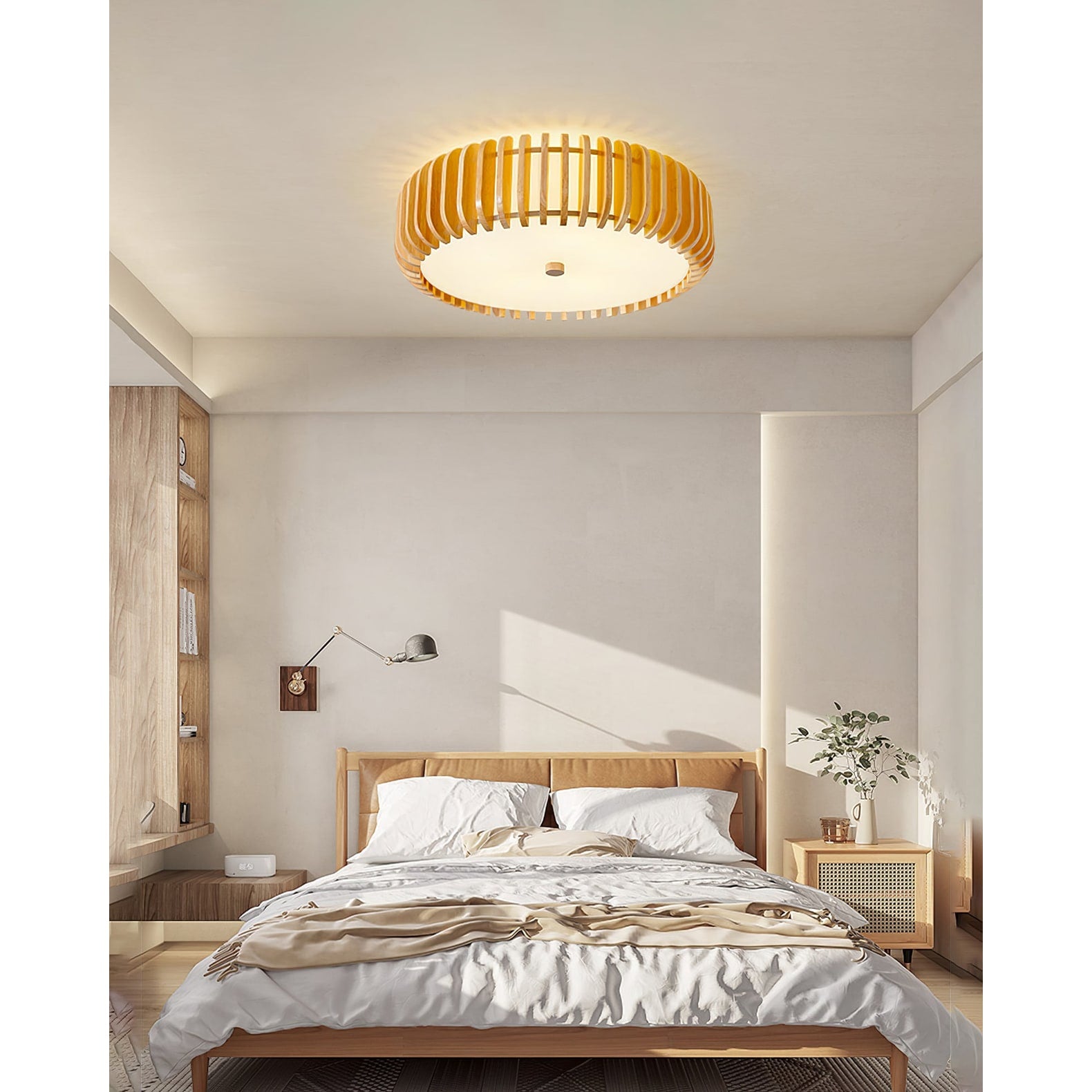 Ceiling Light Flush Mount Wooden Drum LED Home - Image 3
