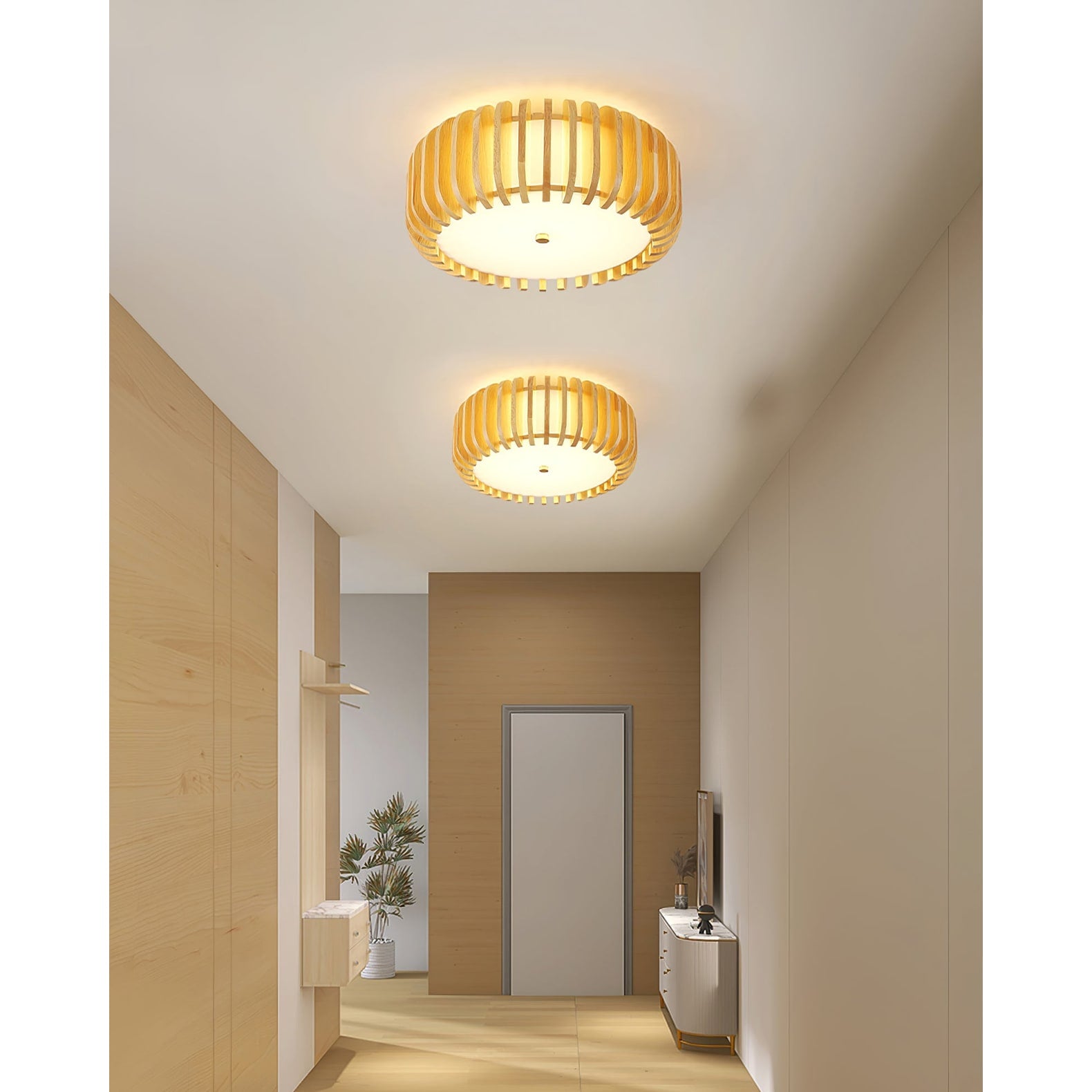 Ceiling Light Flush Mount Wooden Drum LED Home - Image 4
