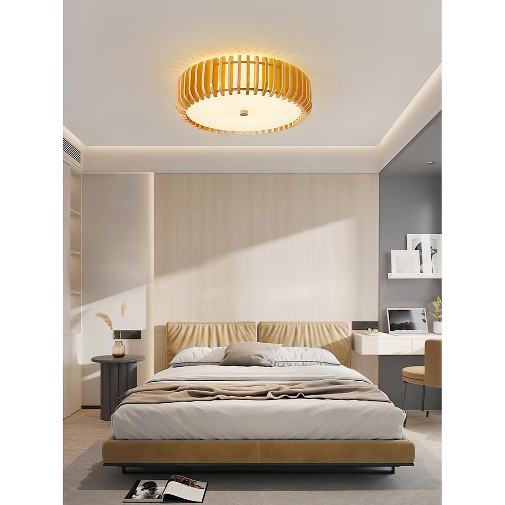 Ceiling Light Flush Mount Wooden Drum LED Home - Image 5