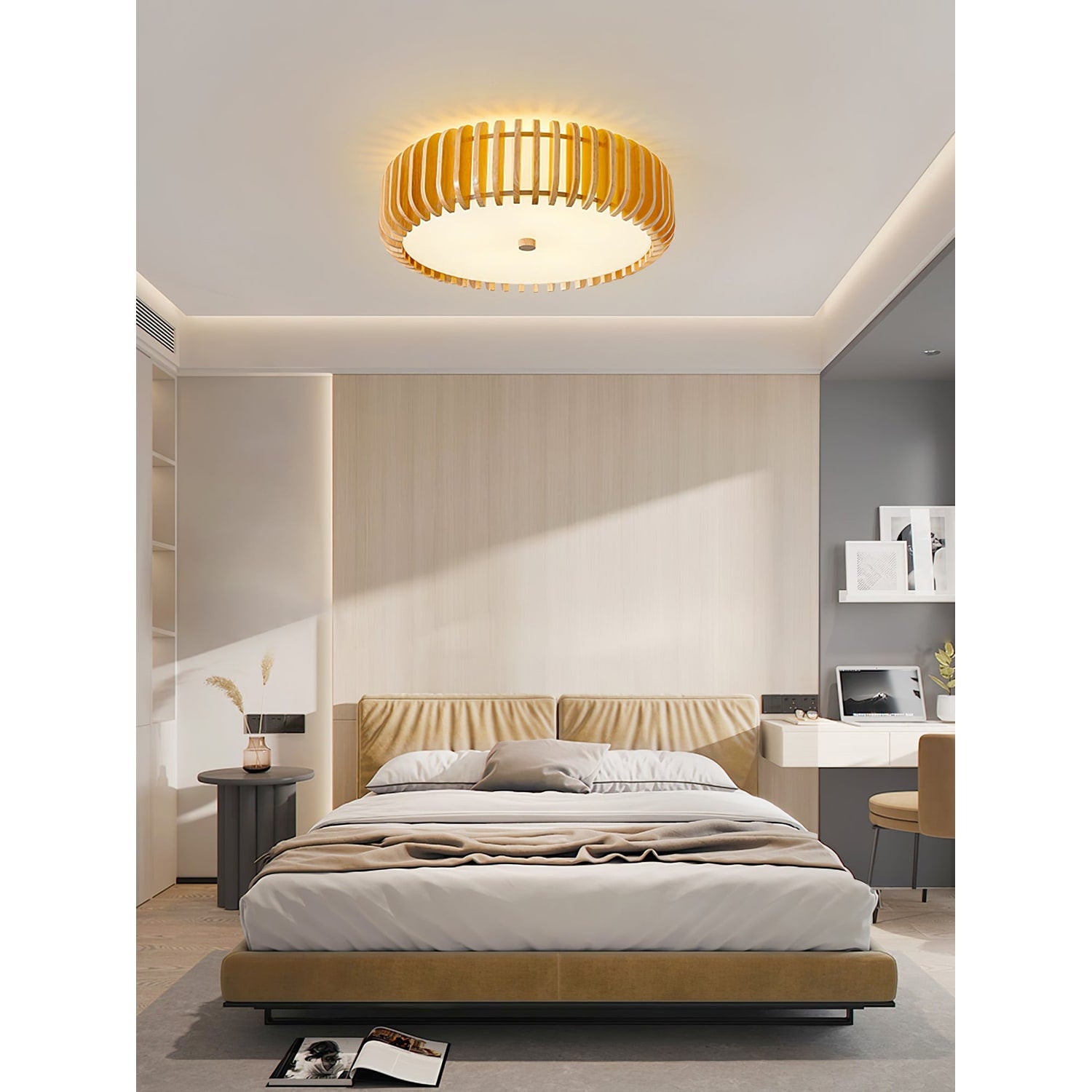 Ceiling Light Flush Mount Wooden Drum LED Home - Image 5
