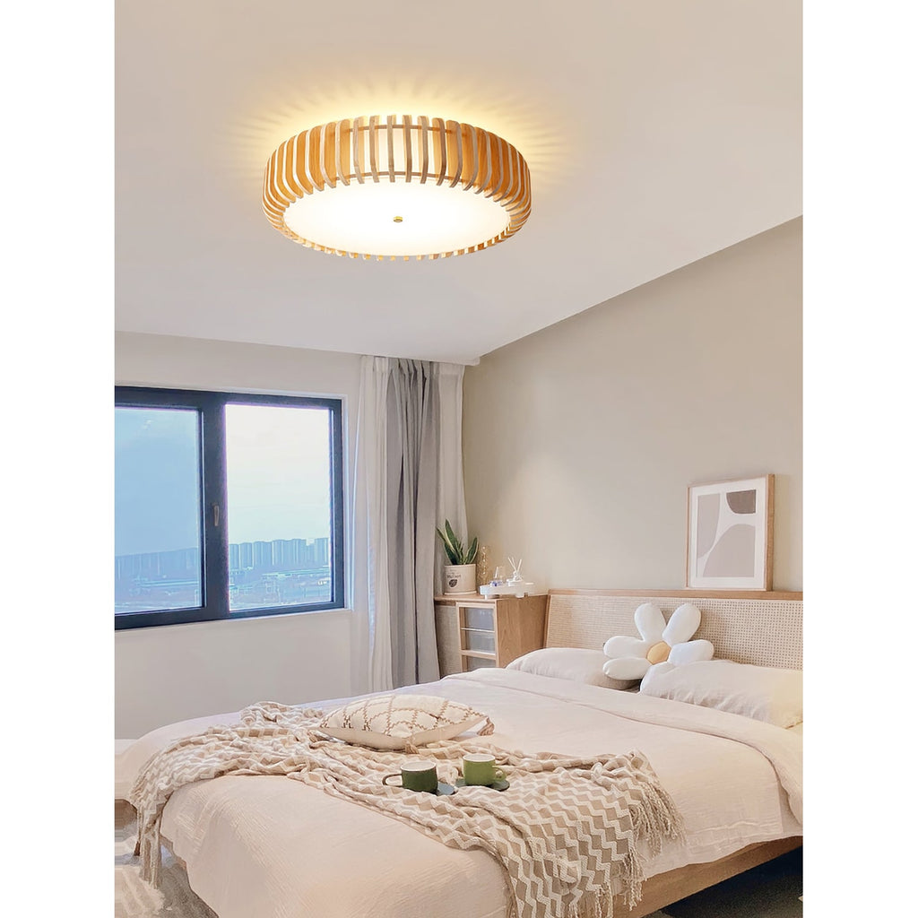 Ceiling Light Flush Mount Wooden Drum LED Home - Image 7