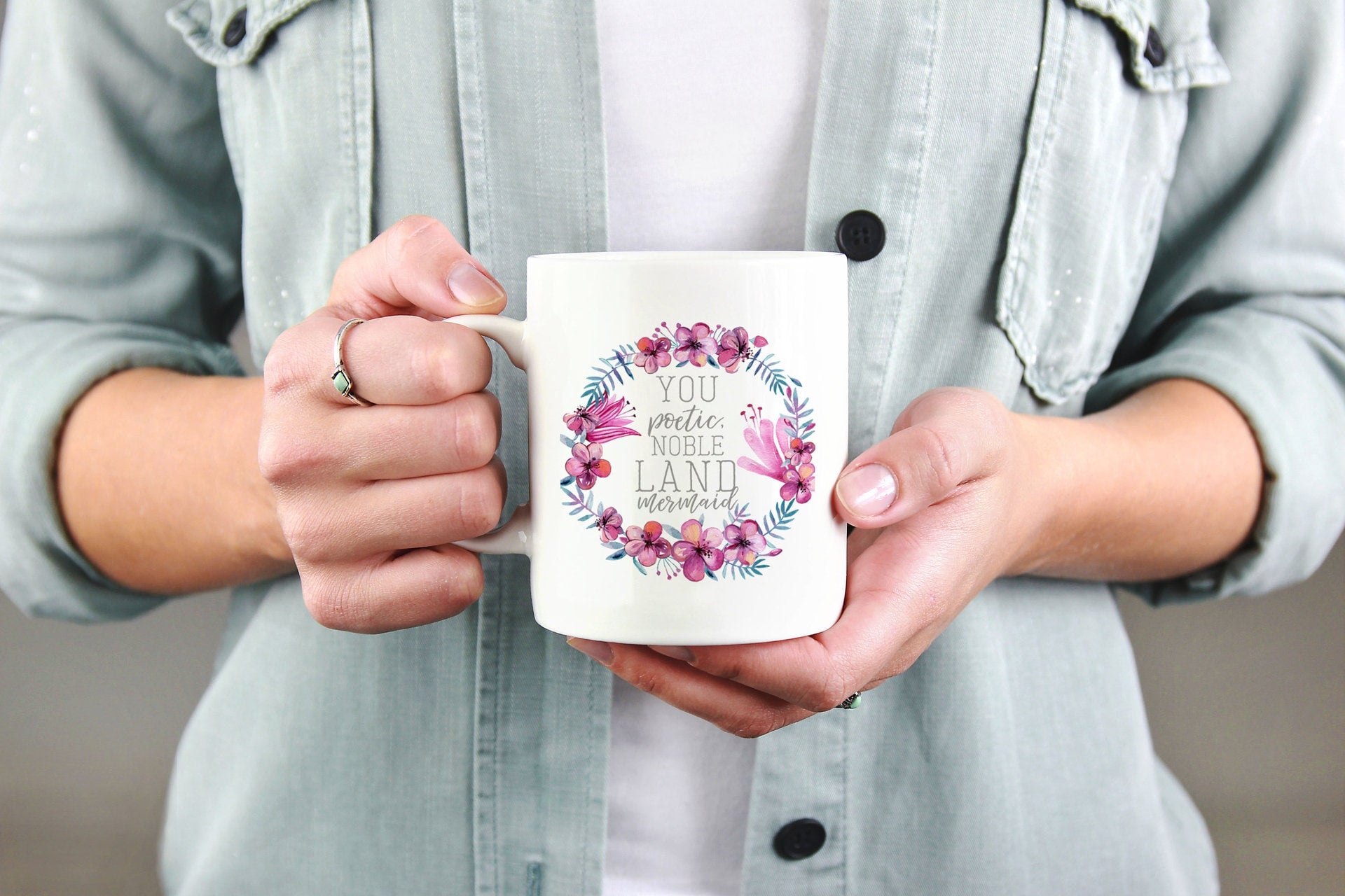 Ceramic Coffee Mug and Cup with Floral Wreath Quote Print 350ml White Glossy Heated - Image 3