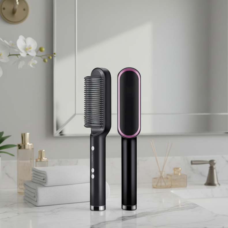 Ceramic Hair Straightener Brush Professional Anti-Burn Heated Comb Teeth LED Adjustable Temperature - Image 1
