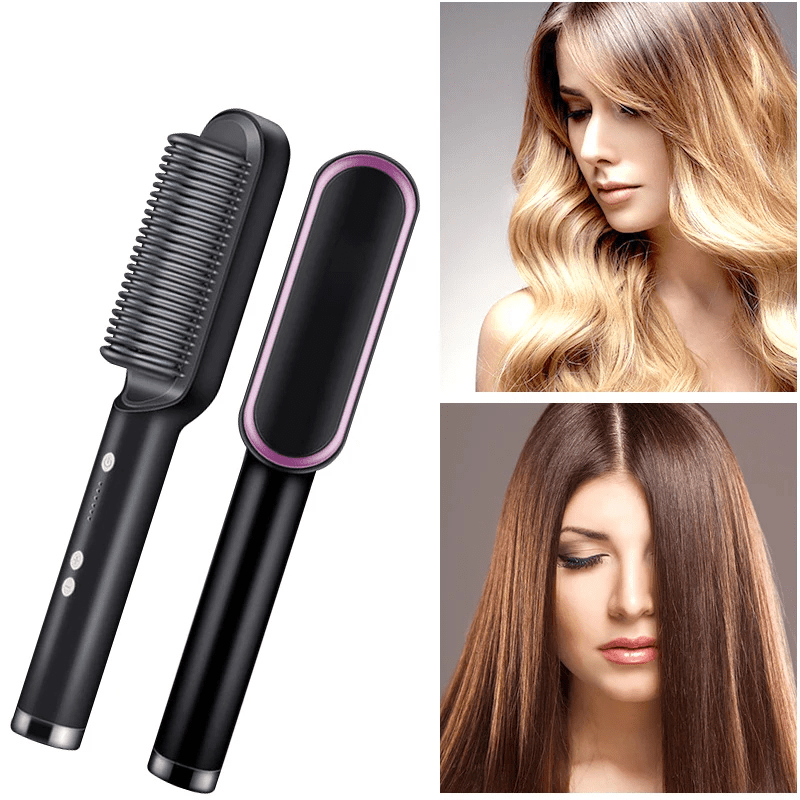 Ceramic Hair Straightener Brush Professional Anti-Burn Heated Comb Teeth LED Adjustable Temperature - Image 2