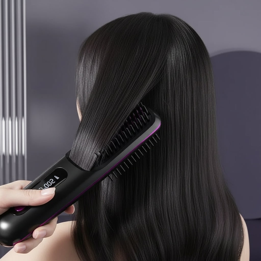 Ceramic Hair Straightener Brush USB Rechargeable Travel Friendly Cordless Wireless Heated - Image 1