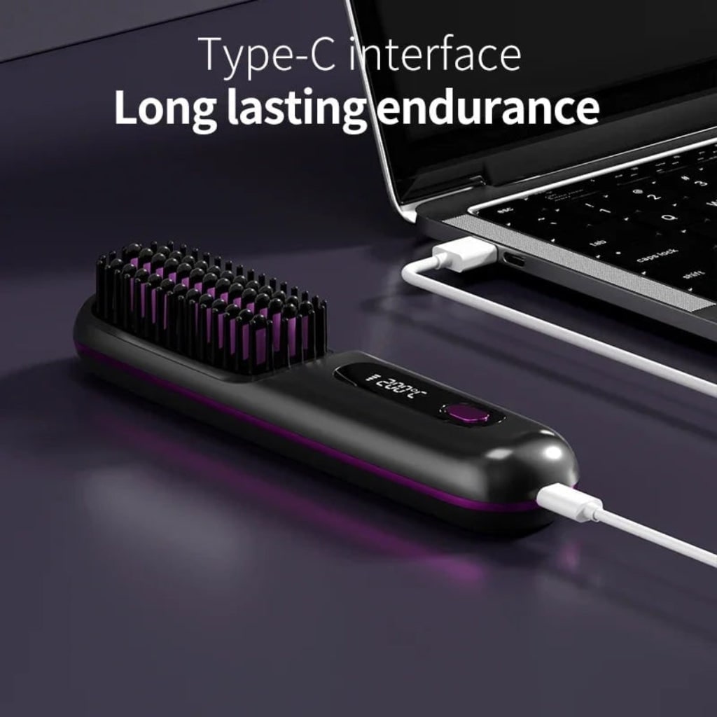 Ceramic Hair Straightener Brush USB Rechargeable Travel Friendly Cordless Wireless Heated - Image 2