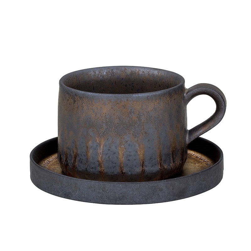 Ceramic Reusable Iced Coffee Cup and Saucer with Textured Glaze Drip Pattern - Image 2