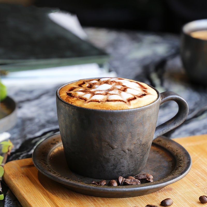 Ceramic Reusable Iced Coffee Cup and Saucer with Textured Glaze Drip Pattern - Image 4