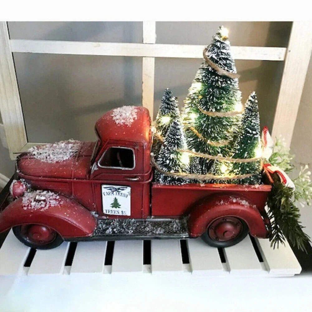 Christmas Decoration Red Truck with LED Bottle Brush Trees and Rustic Tabletop Design - Image 4