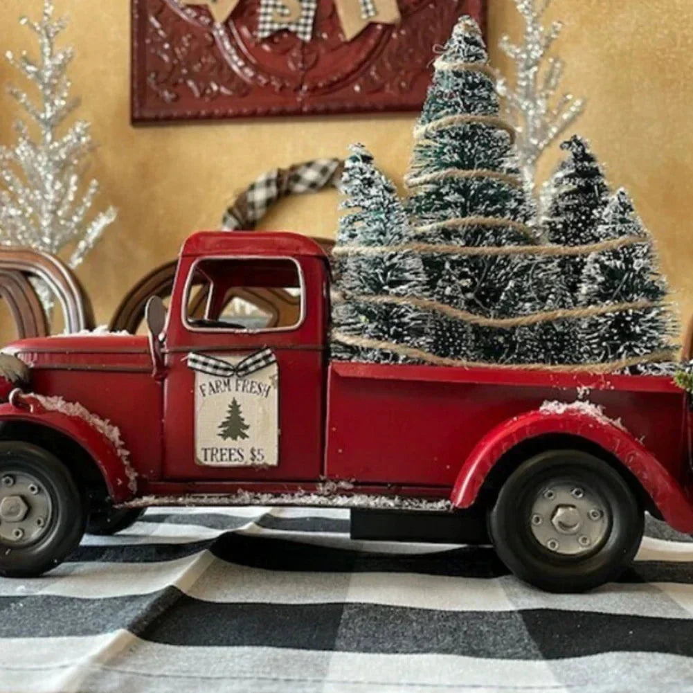 Christmas Decoration Red Truck with LED Bottle Brush Trees and Rustic Tabletop Design - Image 5