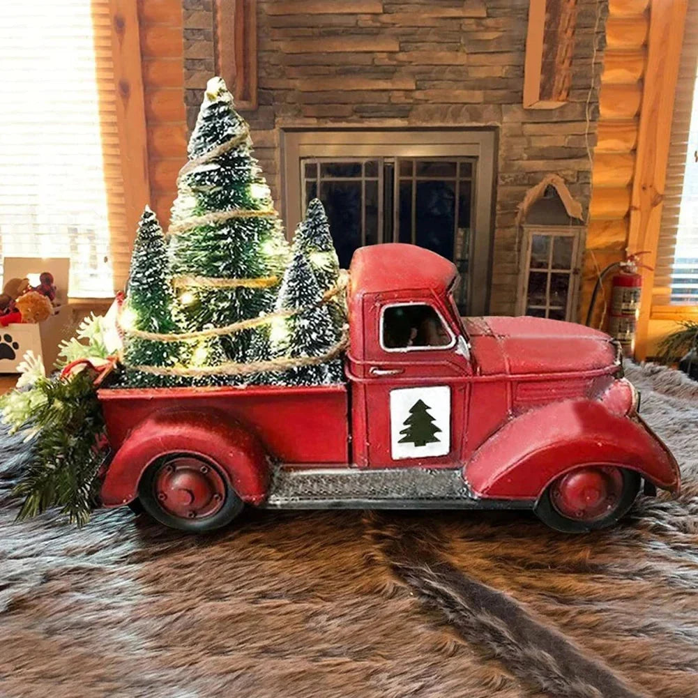 Christmas Decoration Red Truck with LED Bottle Brush Trees and Rustic Tabletop Design - Image 7