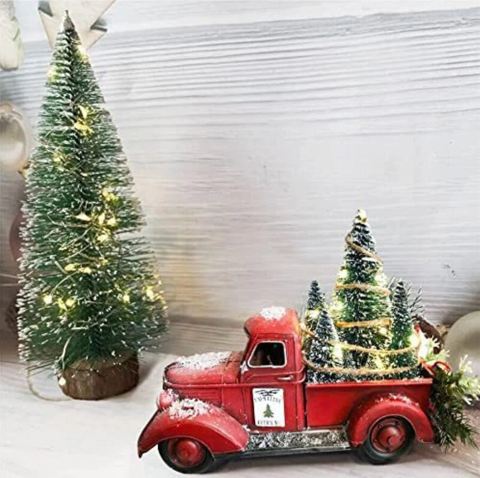Christmas Decoration Red Truck with LED Bottle Brush Trees and Rustic Tabletop Design - Image 8