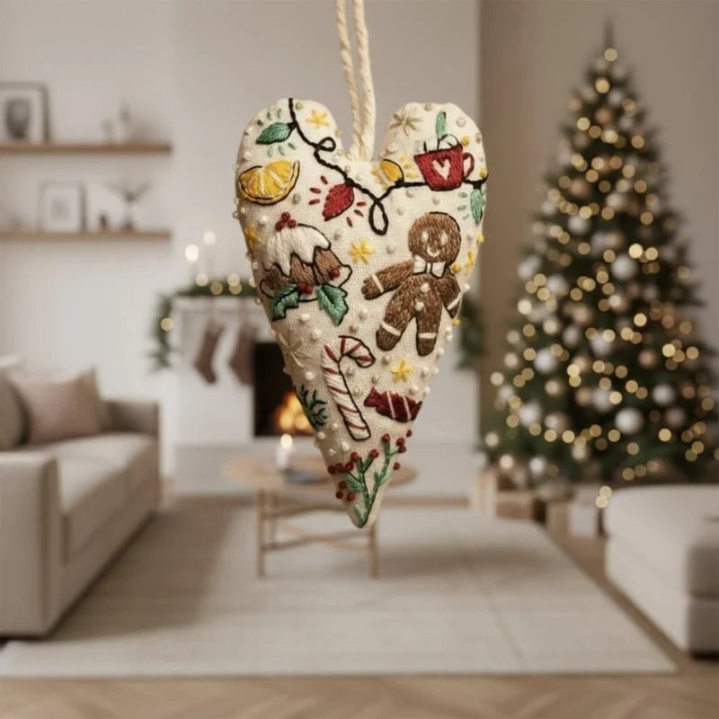 Christmas Embroidery Kit for Beginners with Heart-Shaped Ornament Fabric Thread and Hoop - Image 2