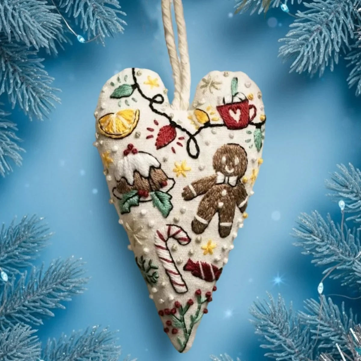 Christmas Embroidery Kit for Beginners with Heart-Shaped Ornament Fabric Thread and Hoop - Image 8