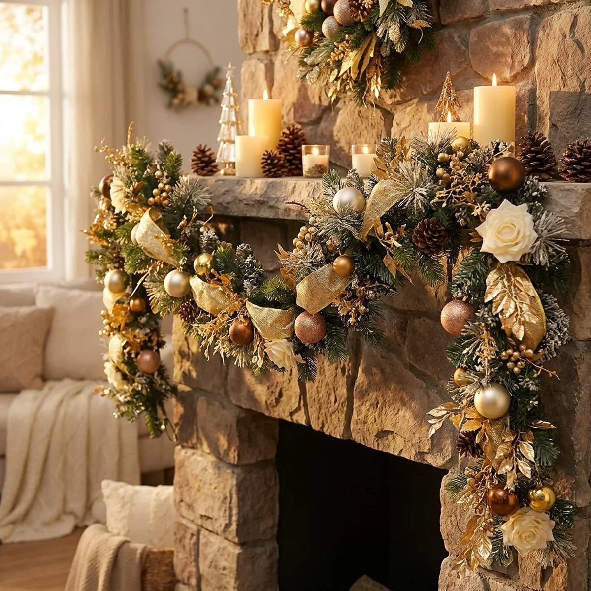 Christmas Garland for Mantle with Artificial Pine Ornaments and Gold Accents - Image 2