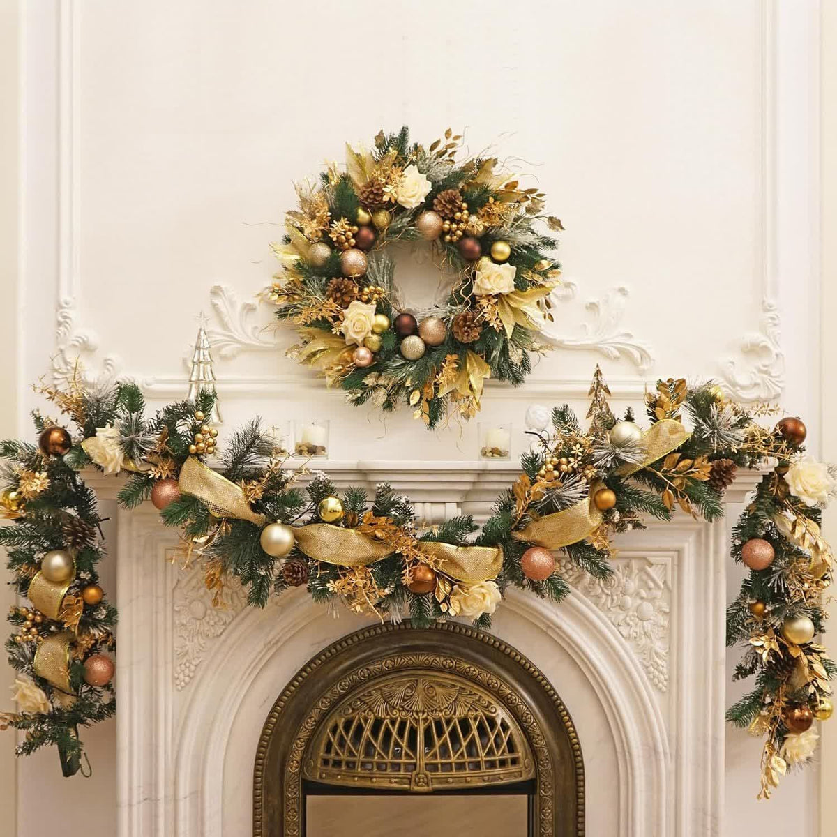 Christmas Garland for Mantle with Artificial Pine Ornaments and Gold Accents - Image 4