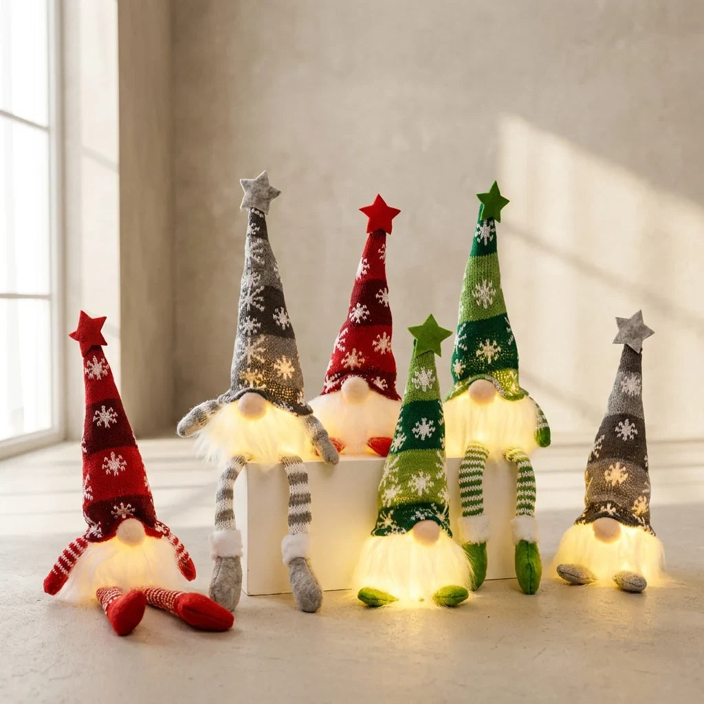 Christmas Gnome Light Up Plush Decoration with Knit Snowflake Hat and LED Glow - Image 1