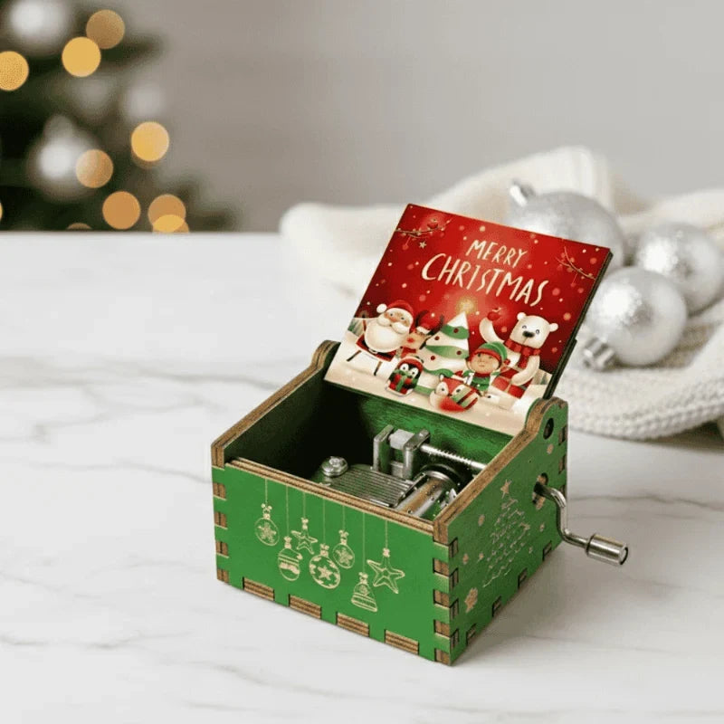 Christmas Music Box with Hand Crank Mechanical Movement and Laser-Engraved Wooden Design - Image 1