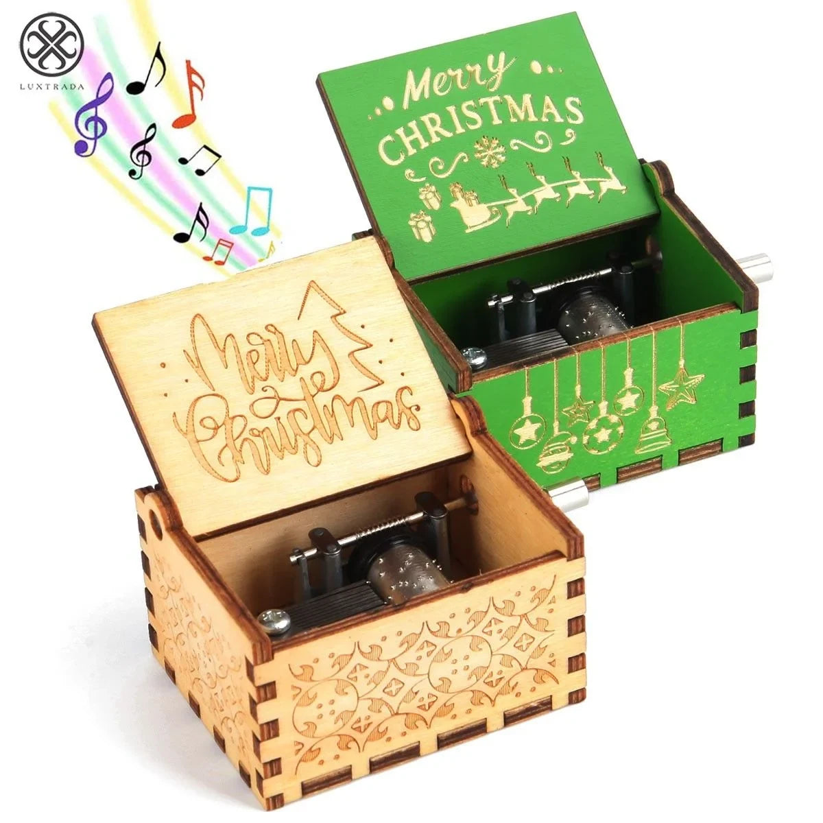 Christmas Music Box with Hand Crank Mechanical Movement and Laser-Engraved Wooden Design - Image 2