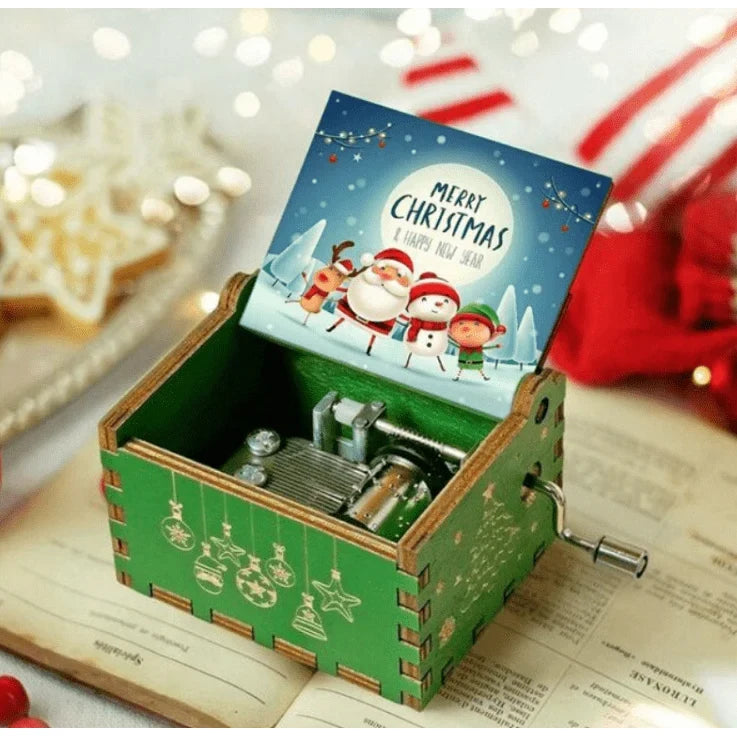 Christmas Music Box with Hand Crank Mechanical Movement and Laser-Engraved Wooden Design - Image 3