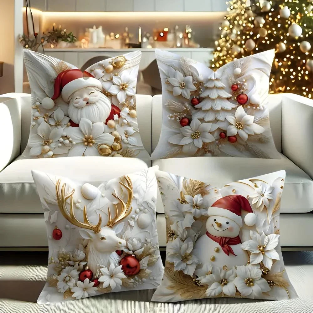Christmas Pillow Covers Set of 4 Square Throw with 3D Holiday Designs and Hidden Zippers - Image 1