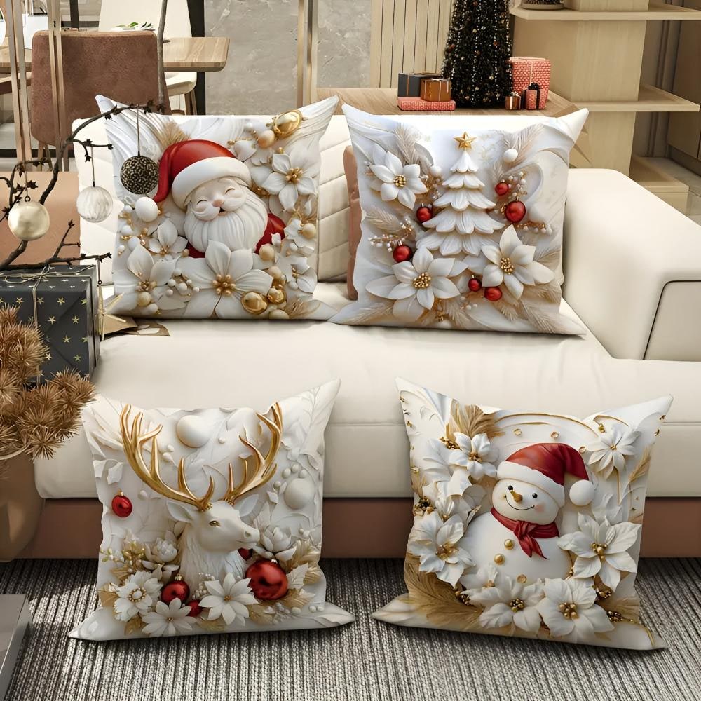 Christmas Pillow Covers Set of 4 Square Throw with 3D Holiday Designs and Hidden Zippers - Image 2