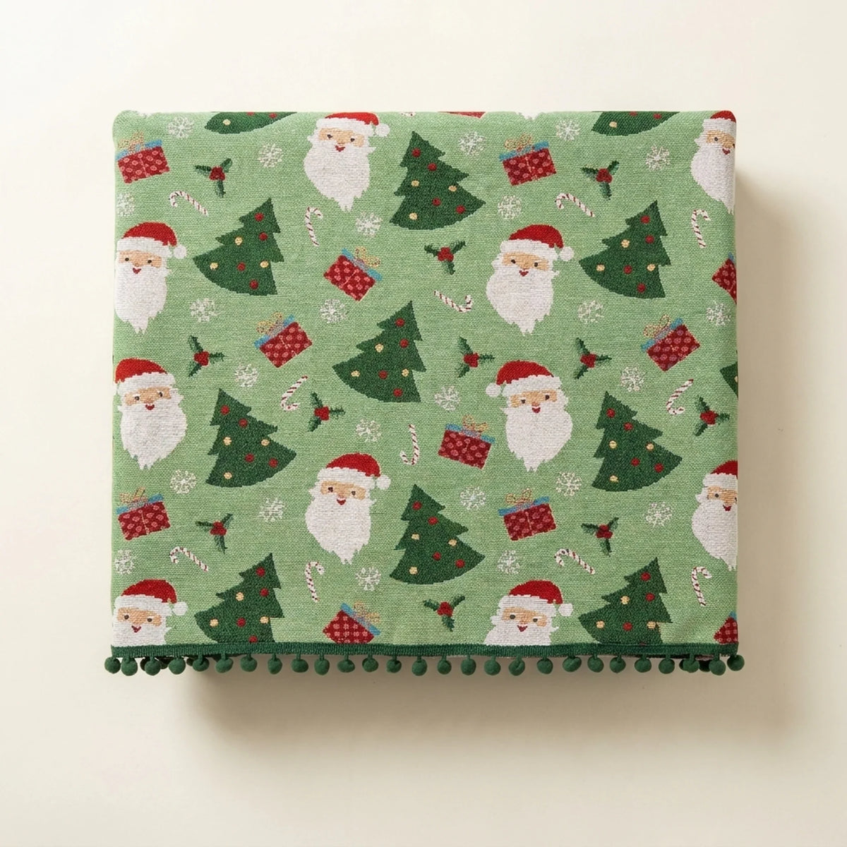 Christmas Tablecloth with Festive Santa Tree and Gift Print Pom-Pom Trim - Image 2