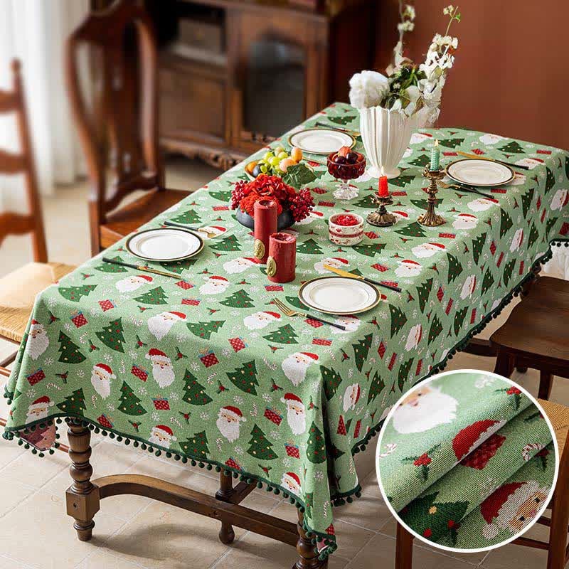 Christmas Tablecloth with Festive Santa Tree and Gift Print Pom-Pom Trim - Image 5