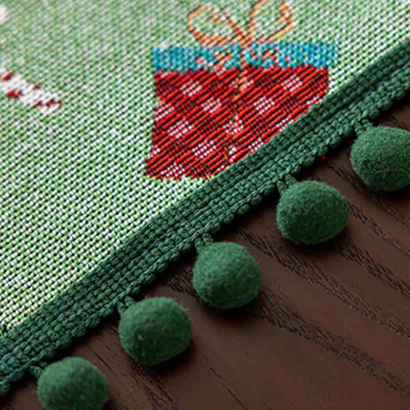 Christmas Tablecloth with Festive Santa Tree and Gift Print Pom-Pom Trim - Image 6