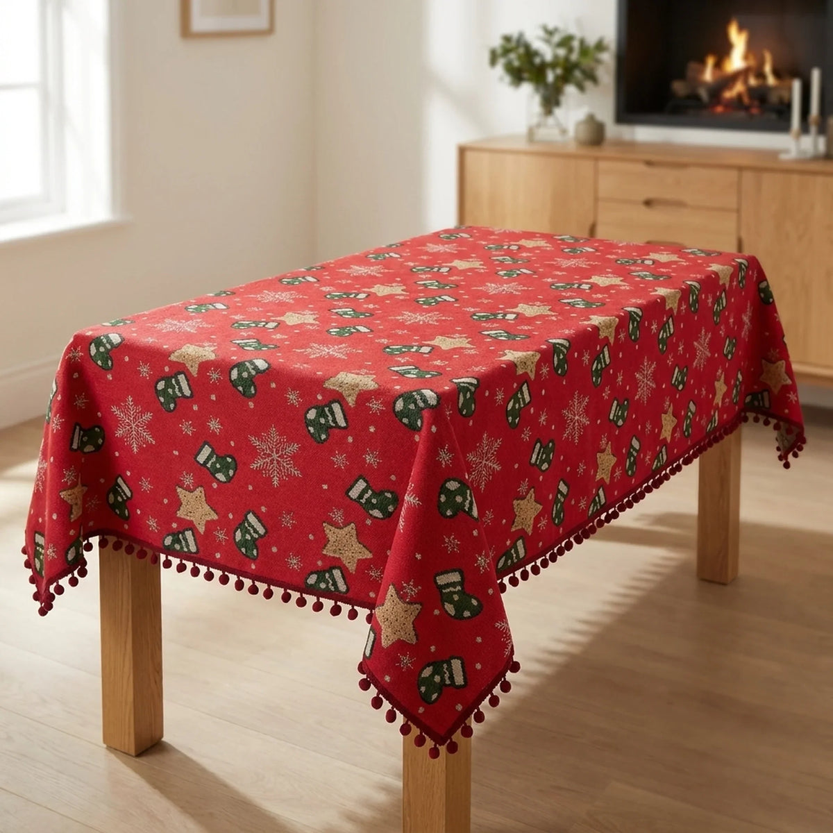 Christmas Tablecloth with Pom-Pom Fringe Snowflake and Stocking Pattern for Festive Holiday Table - Image 1