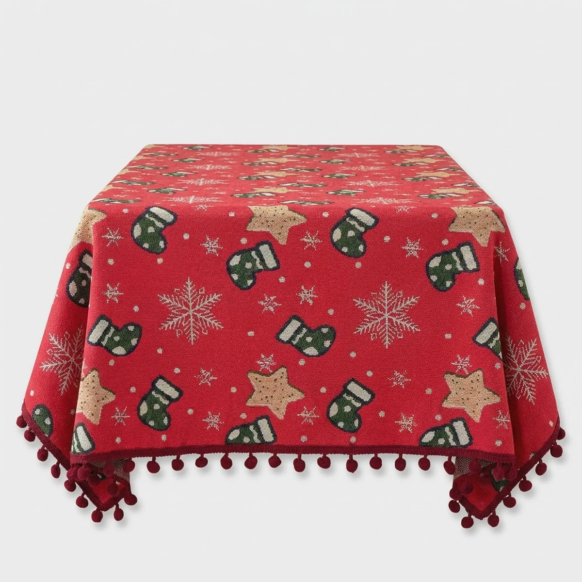 Christmas Tablecloth with Pom-Pom Fringe Snowflake and Stocking Pattern for Festive Holiday Table - Image 3