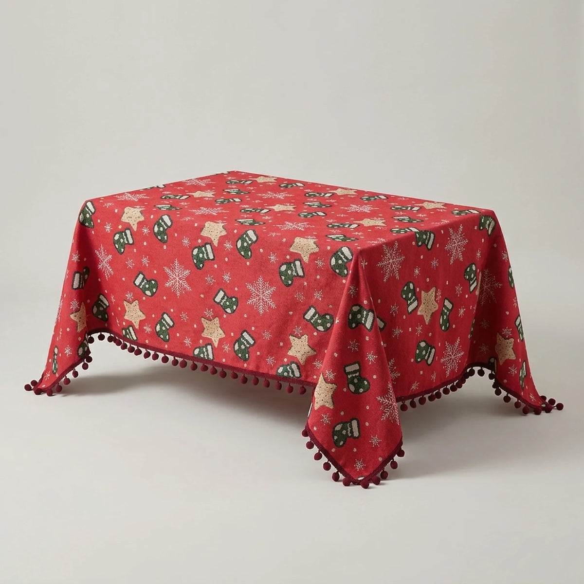 Christmas Tablecloth with Pom-Pom Fringe Snowflake and Stocking Pattern for Festive Holiday Table - Image 4