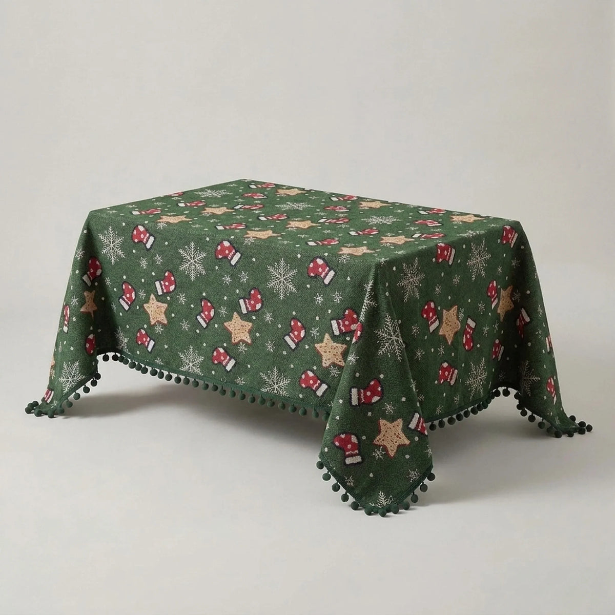 Christmas Tablecloth with Pom-Pom Fringe Snowflake and Stocking Pattern for Festive Holiday Table - Image 5