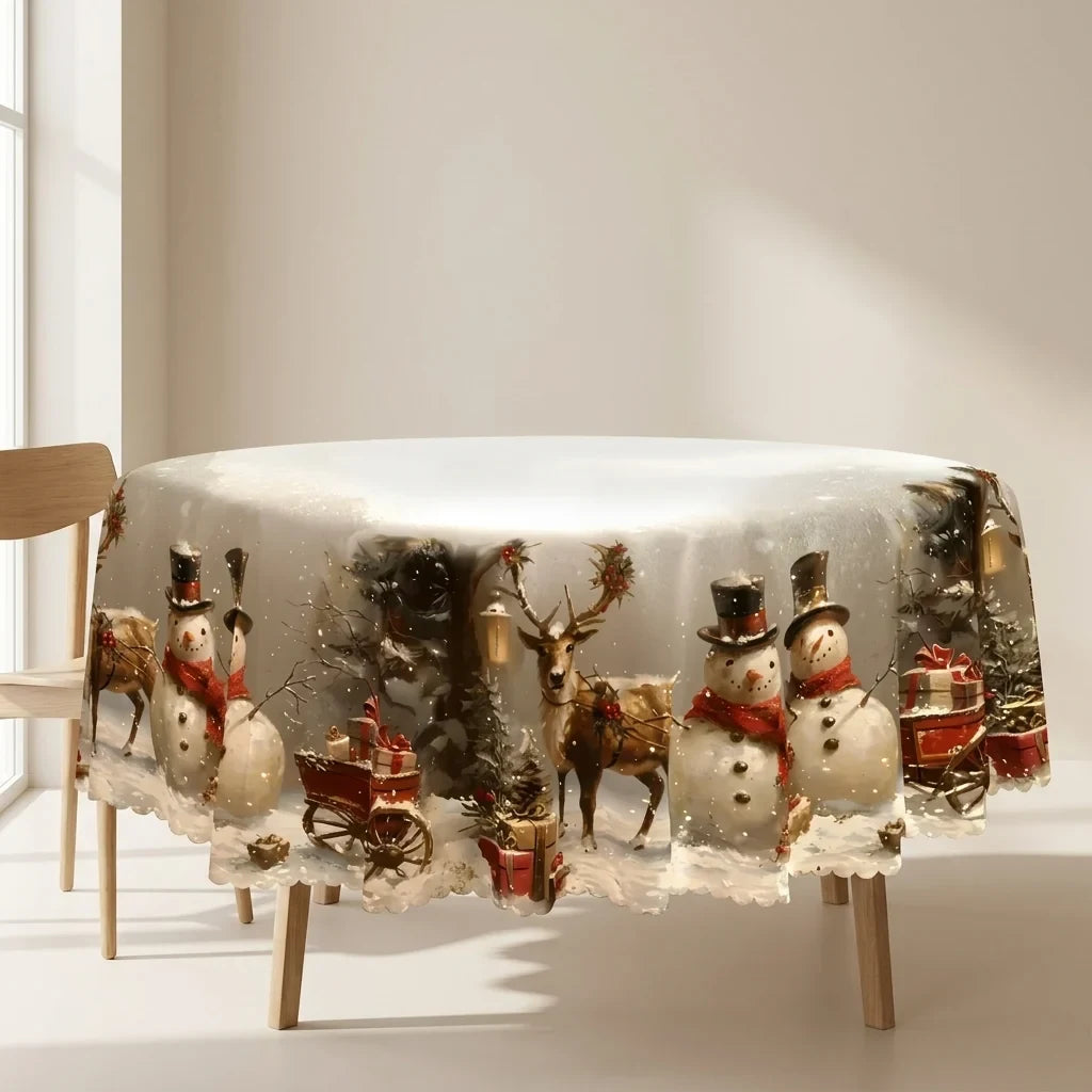 Christmas Tablecloth with Snowman and Reindeer Print Scalloped Hem Festive Holiday Table Linens - Image 1