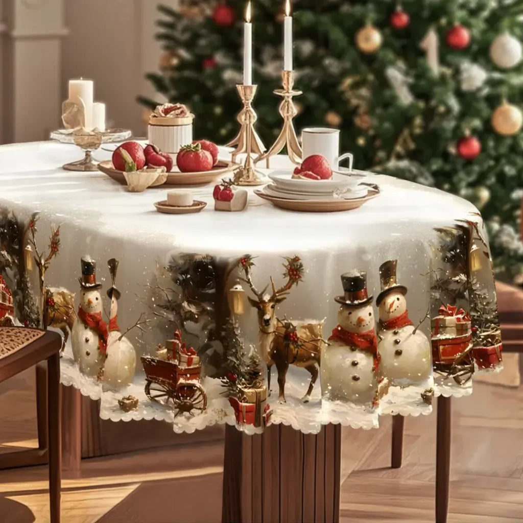 Christmas Tablecloth with Snowman and Reindeer Print Scalloped Hem Festive Holiday Table Linens - Image 2